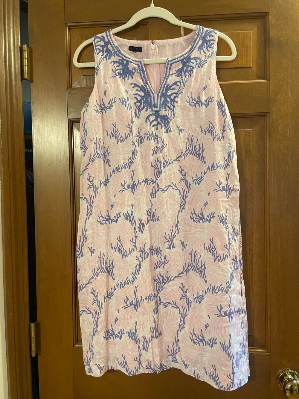 Talbots Pink Shift Dress with Blue Embroidery